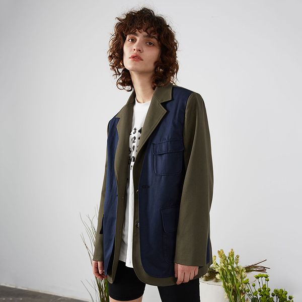 

loose women green contrast color split blazer new lapel long sleeve loose fit jacket fashion tide spring autumn 2020 1r689, White;black