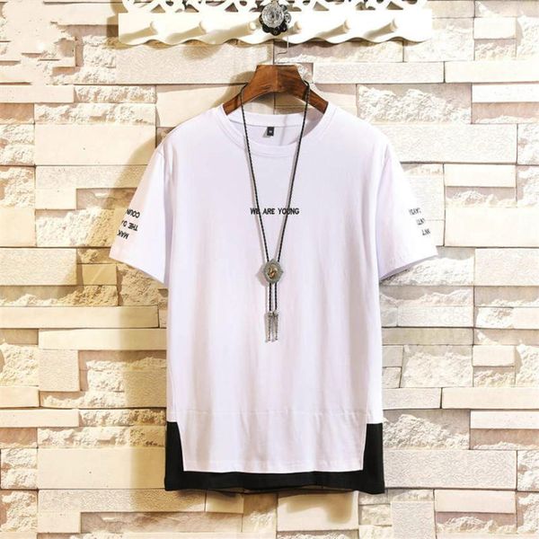 

2020 summer new large size loose fake two short sleeve tshirt men fashion casual trend letter embroidery decoration mens t shirt, White;black