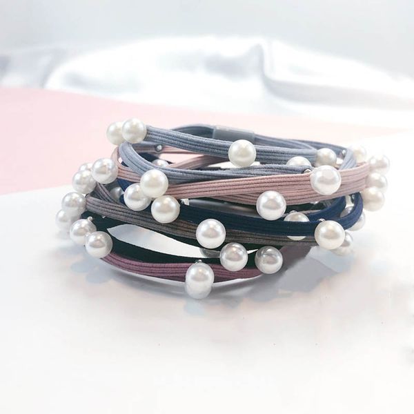 

6pcs/pack sweet new women hair bands double layer pearl rubber hair rope elastic headband girl accessories, Golden;white
