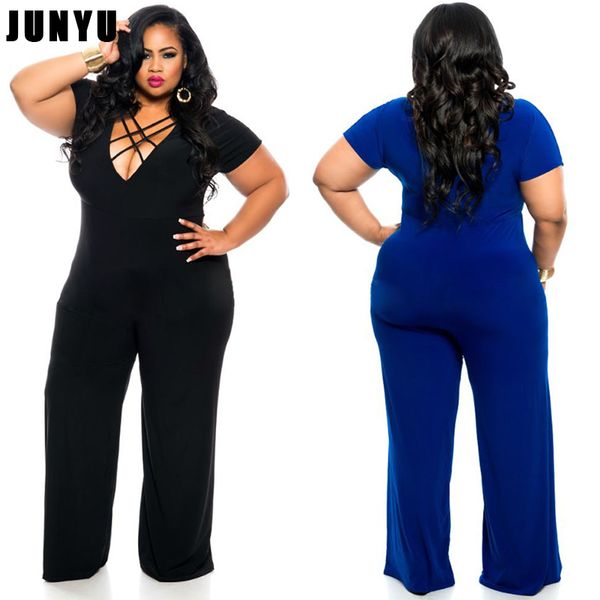 

women's pants & capris plus size l 3xl summer short sleeve shirt solid color strap v-neck women and lady long loose straight jumpsuit r, Black;white