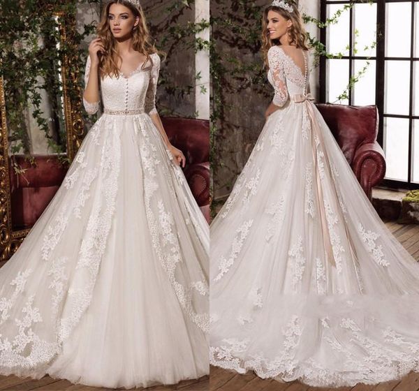 

v neck beaded lace sheer wedding dresses 2019 gorgeous appliques half sleeves bridal gowns with sash, White