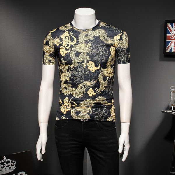 

mixcubic 2018 new fashion summer chinese style golden dragon printed t-shirt men casual slim cool printed t shirts size m-5xl, White;black