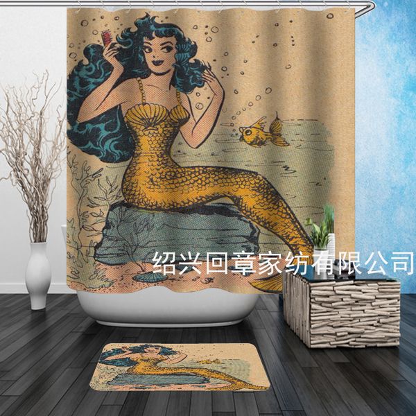 

classical mermaid digital printing shower curtain waterproof mildew-proof c- type plastic hook pure copper buttonhole to map customization