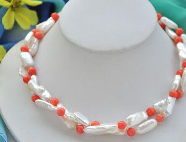 

beautiful 2strds 20mm white dens biwa pearl pink coral bead necklace 19inch, Silver