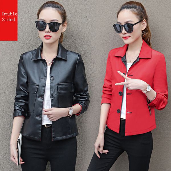 

2019 new spring autumn women faux leather jackets pu black blazer button coat motorcycle outerwear biker soft jacket plus size