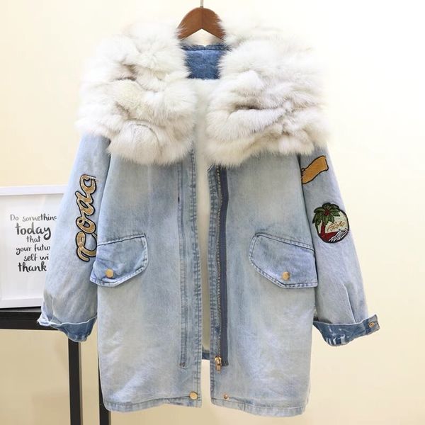 

winter warm coat women new real fur collar + real hair liner rope waist thickened denim parka casaco feminino jacket, Black