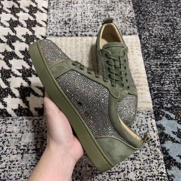 

luxury men's red bottom junior strass sneakers designer brand rhinestone green suede leather & red sole trainer shoes dust bag l14, Black