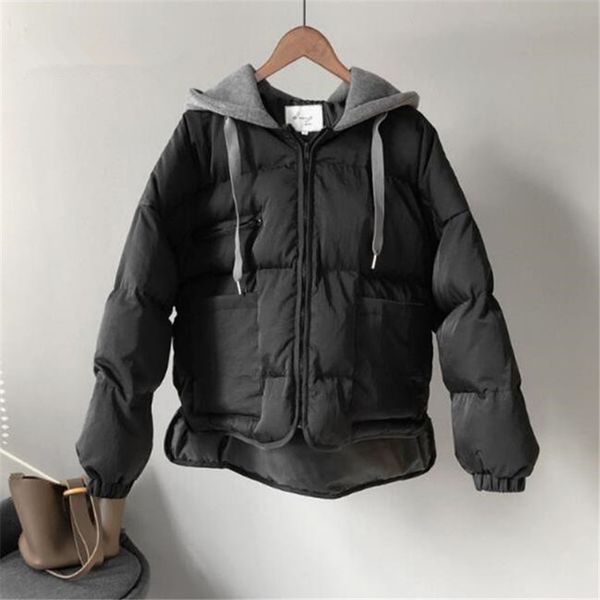 

autumn winter hoodie parka women oversize cotton padded coat warm short jacket female streetwear thick casual fasual outwear, Black