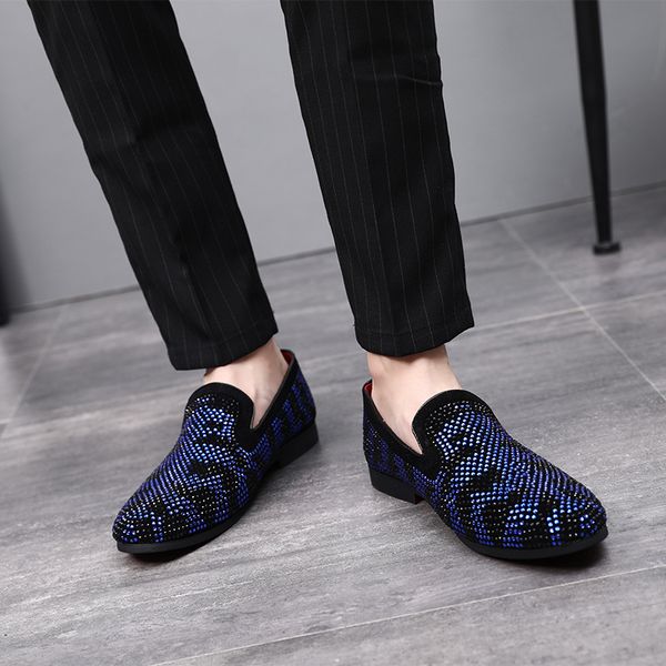 

british style men leather loafers shoes luxury designer men flats male prom wedding party shoes red blue rhinestone soft moccasins, Black