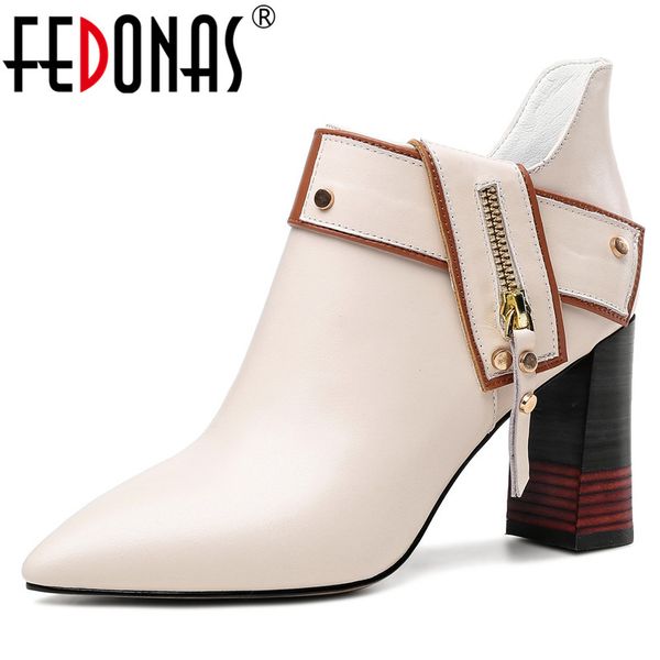 

fedonas new fashion high heels women ankle boots spring autumn zipper boots genuine leather party office shoes woman, Black