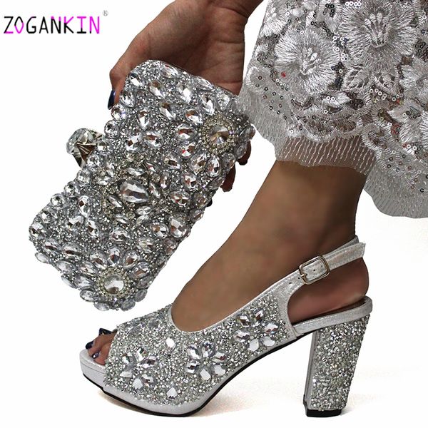 

silver color african women shoes and bag to match italian design with shinning crysta matching shoes and bag set for royal party, Black