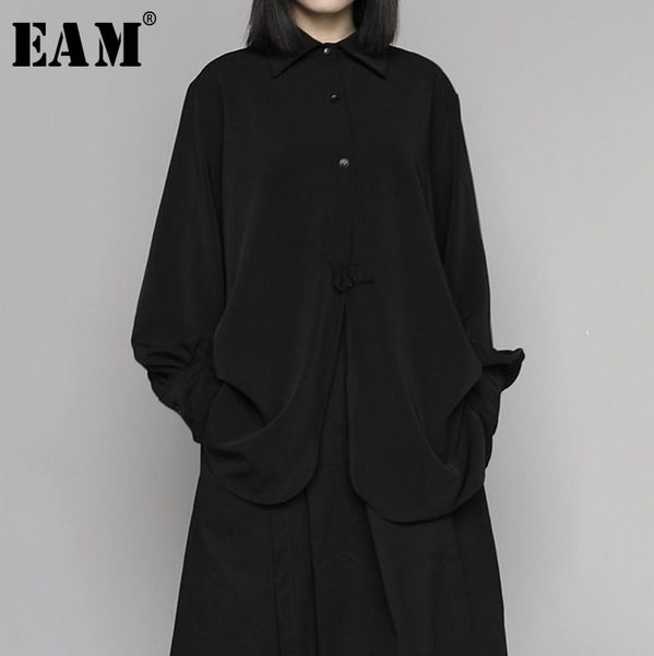 

eam] женщины черный плиссированные краткий большой размер блуза новые нагрудные длинным рукавом сыпучие fit рубашка мода tide весна осень 2, White