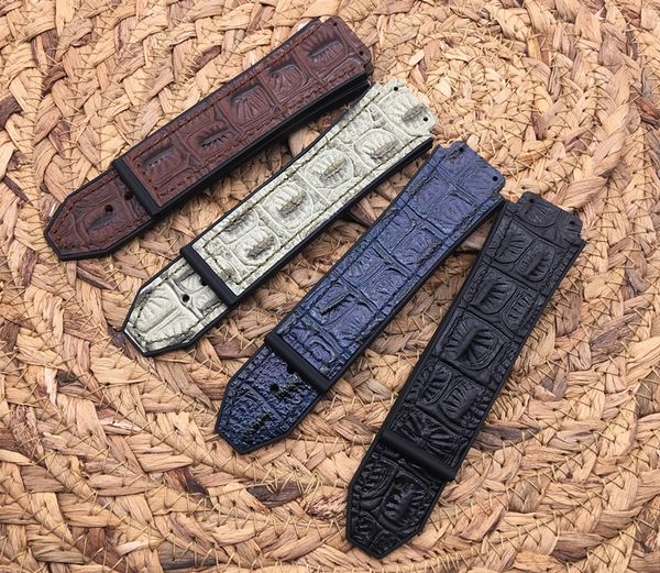 

25*19mm crocodile pattern cow leather rubber watchband butterfly buckle for strap for big bang belt watch band on, Black;brown