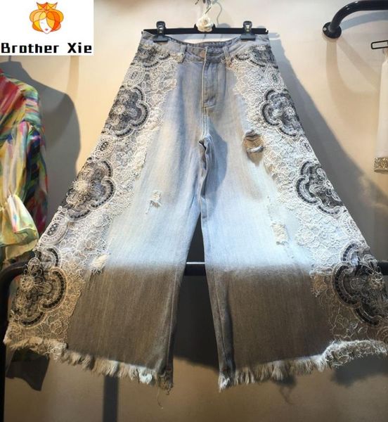 

european lace stiching jeans women 2020 summer new side stitching crochet openwork lace high waist slim wide leg jeans pants, Blue