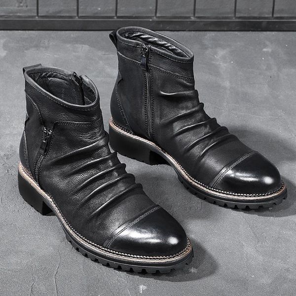 

new men's boots autumn winter man's quality leather ankle boots male wear resistance work shoe flats man bussiness, Black