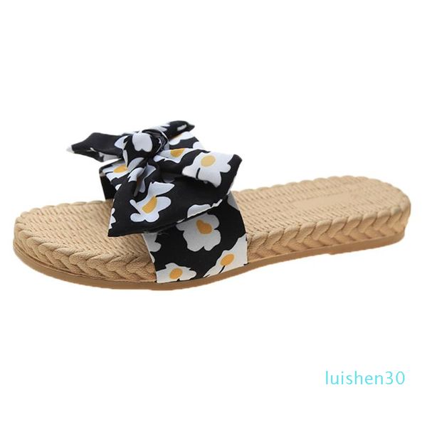 

summer butterfly-knot woven flat slippers woman shoes bohemian round head non-slip beach slipper for woman zapatos de mujer l30, Black