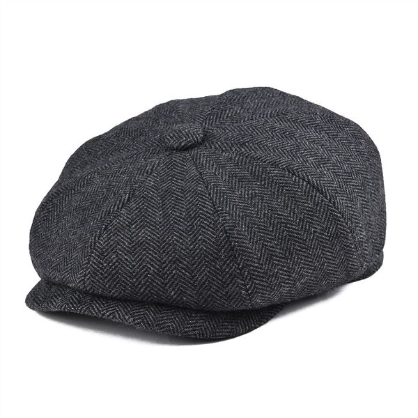 

botvela tweed wool 8 piece black herringbone newsboy cap men classic 8-quarter panel style flat caps women beret hat 005, Blue;gray