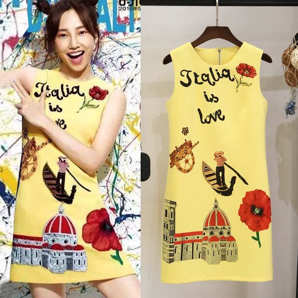 

brand design dresses 2019 summer vintage fresh color print floral elegant party dress yellow short sleeveless dresses, Black;gray