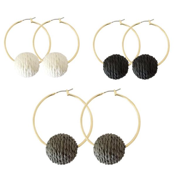 

2020 new fashion hoop earrings gold color 46mm hoop with raffia warpping ball decorate earrings for bohemian women, Golden;silver