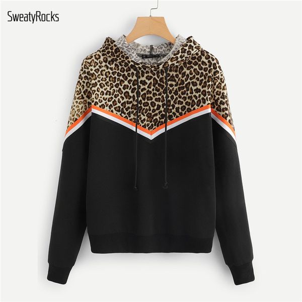

sweatyrocks sporting leopard contrast striped long sleeve hoodie casual hooded pullover sweatshirts 2018 autumn women, Black