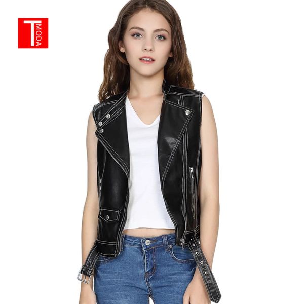 

2018 new fashion women spring autunm black faux leather vest jackets lady bomber motorcycle cool outerwear coat with belt