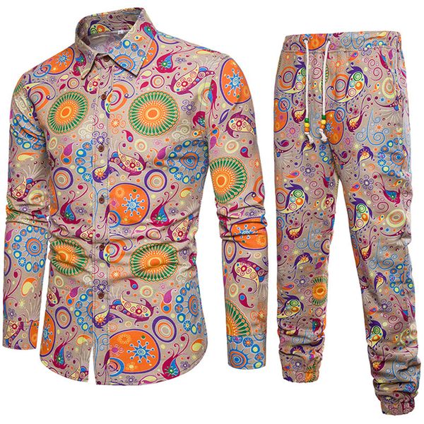 

mens sets men's autumn linen shirts long pants ethnic style vacation sets casual print suit african festival wear clothes male, Gray