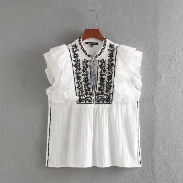

flower sequins embroidery cascading ruffle casual women shirt 2020 fashion lady short sleeve blouse loose s7125, White