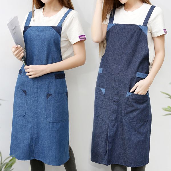 

new kitchen apron for woman cooking baking aprons washed jeans denim apron men and women blue homewear bib custom logo