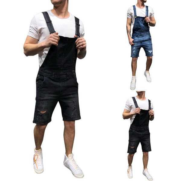 

2019 new mens hole hip hop Ripped short Jeans Jumpsuits Distressed Denim Overalls knee length Suspender cowboy Pants Size S-XXXL