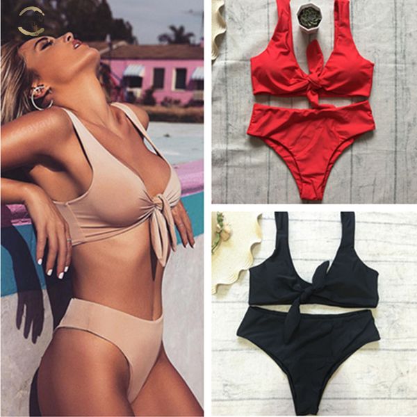 

biquinis chest knotted swimwear solid bikini set high waist bathing suit push up swimsuit for women swimwear, White;black