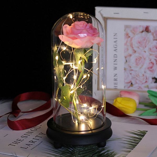 

valentine's day galaxy rose flower usb powered led light string in glass dome on wooden base ( not included battery