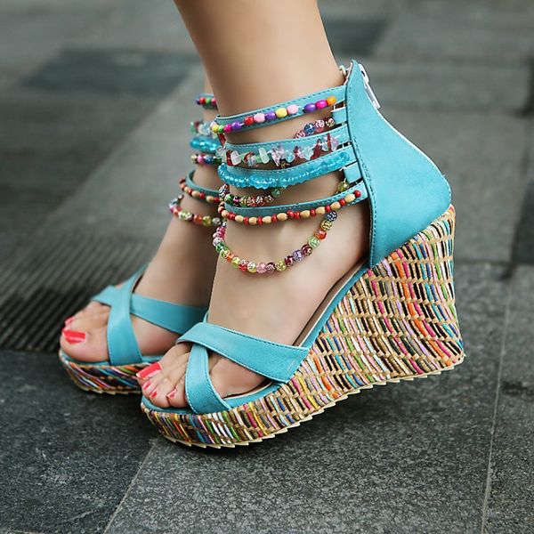 

female summer wedge with high heel bohemian style handmade beaded sandals female large size 40-43, Black