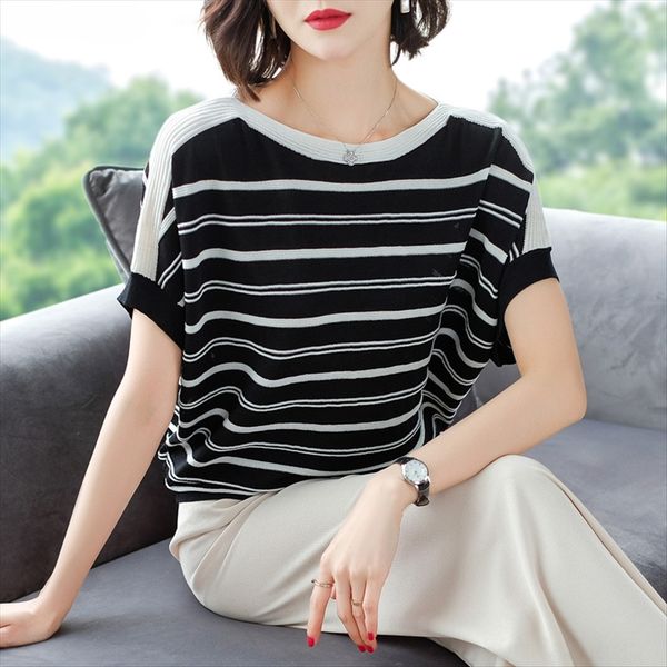 

с коротким рукавом t- трикотажных top трикотажи футболка женщинами 2020 летней одежды льдом шелка трикотажем рыхлым полосатой небольшой руба, White