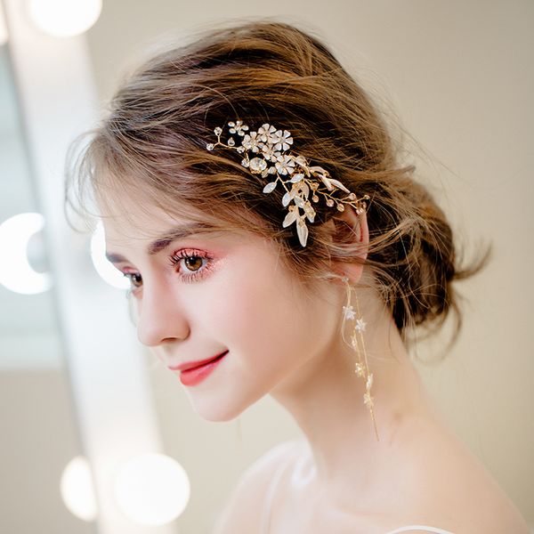 

korean fashion hair combs accessories bridal wedding flower headdress side comb with zircon dangle earrings jewelry handmade, Golden;white