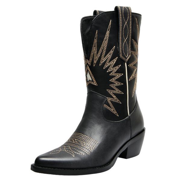 

black white pointed toe cowboy boots women fashion luxury genuine leather short boots comfort square heel winter woman