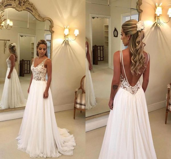 

simple designed open back wedding dresses lace appliqued v neck a line boho wedding gowns custom made bc2834, White