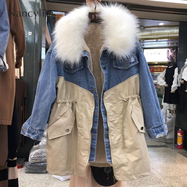 

denim cotton coat women fur parka winter warm jacket faux fur collar removable inner plus thick cotton parkas femme loose, Black