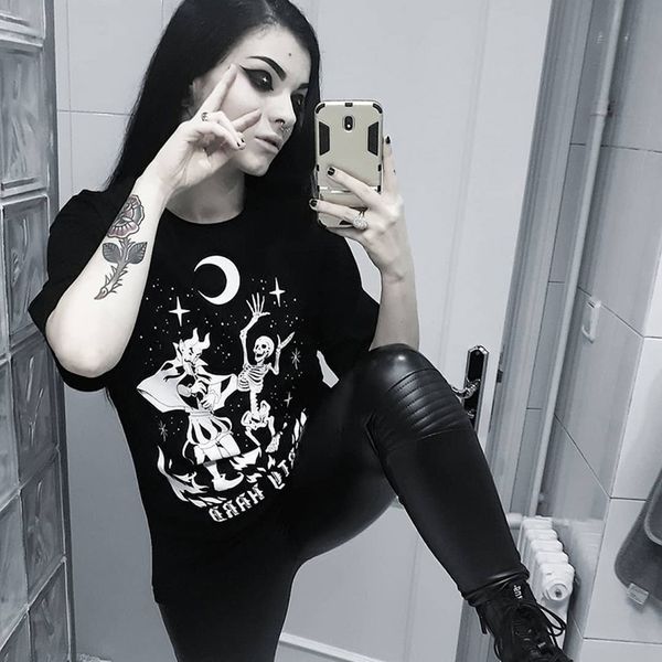 

women 2019 skull funny print tshirt women slash neck cold shoulder gothic t shirt haut femme, White