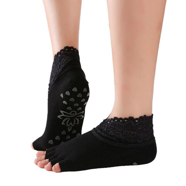 

1 pair yoga five toe anti-slip socks dots pilates fitness gym socks sports ankle with lace ladies, Black