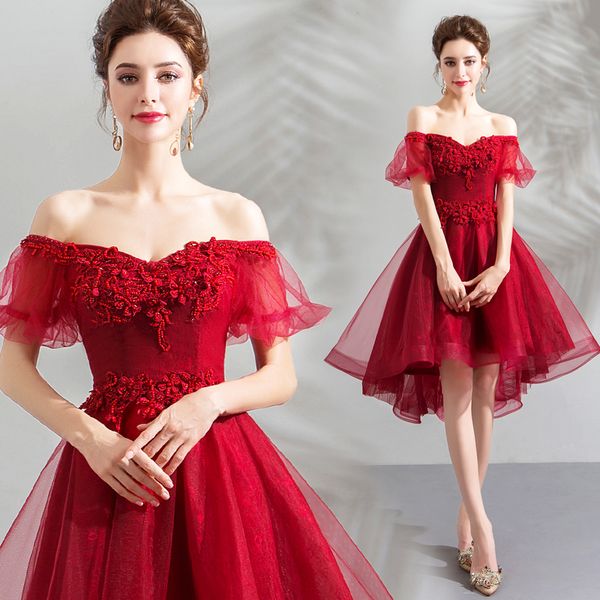 Maßgeschneiderte rote Abschlussballkleider von der schulter applizierten Spitze Rotwein hoher Low -Party -Kleid -Abschluss -Rückenless Elegante Abendkleider