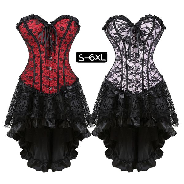 

womens lace bow plus szie 6xl steampunk gothic corset dress bustier shapewear party costume petticoat skirts with g-string, Black;white