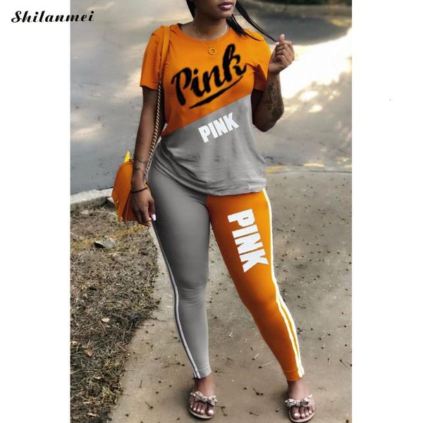

женщины 2020 новый костюм для pink письмо для печати два piece set casual 2 шт эпикировка с коротким рукавом футболки брюки костюмы matching, Gray