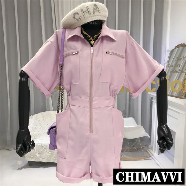 

pink tooling jumpsuits for women 2020 summer new leisure pockets zipper short-sleeved playsuit rompers girls shorts, Black;white