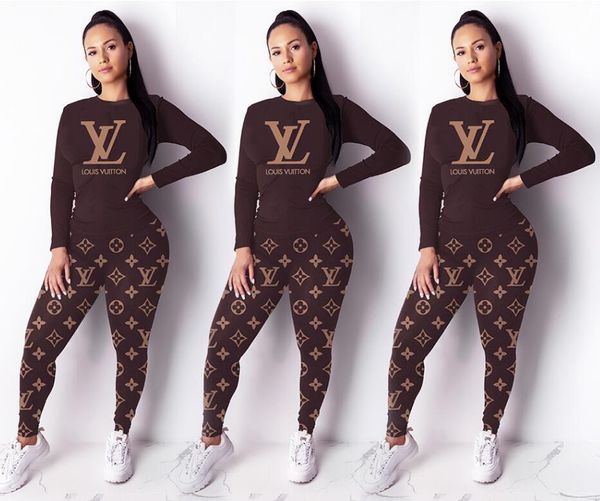 

2019 summer women two pieces set tracksuits brown letter print o-neck long sleeves t shirt long pants suit casual sports suit, Gray