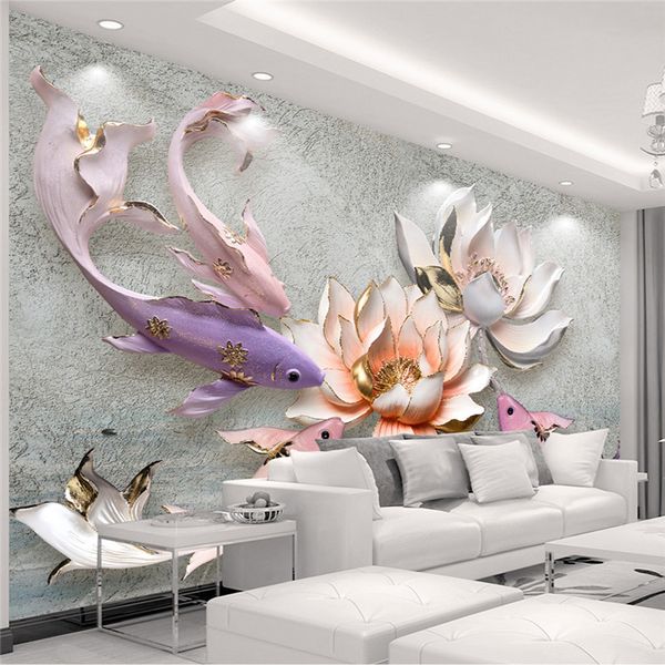Stereo Foto 3D Wallpaper Relief Lotus Pesce murale Soggiorno di studio di alta qualità Interno di casa della parete della decorazione Papers Papel De Parede