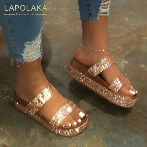 

lapolaka 2020 new arrivals dropship summer shoes woman slippers low heels solid crystal ins fashion slippers women shoes, Black