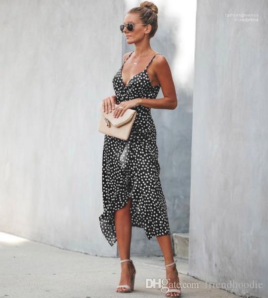 

dress casual spaghetti strap dresses dovetail split women clothes spring summer women dresses candy color v-neck polka dot, Black;gray