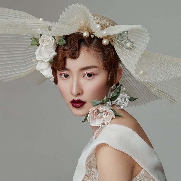 

bride hat exaggerated headwear runway show p studio mori series white headdress headdress sand hat wedding accessories, Blue;gray