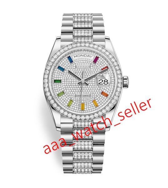 2020 Neueste Master-Luxus-Herrenuhren 36 mm Day-Date m128349 118238 Vollpavé-Diamantzifferblatt mit Regenbogenlünette, mechanische Automatik-Armbanduhr