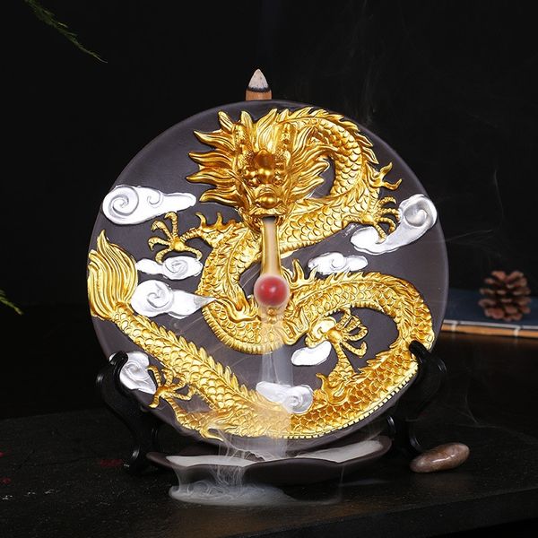 

ceramic golden dragon dish backflow incense burner creative incense cones holder smoke waterfall censer + 10pcs incense cones other home dec